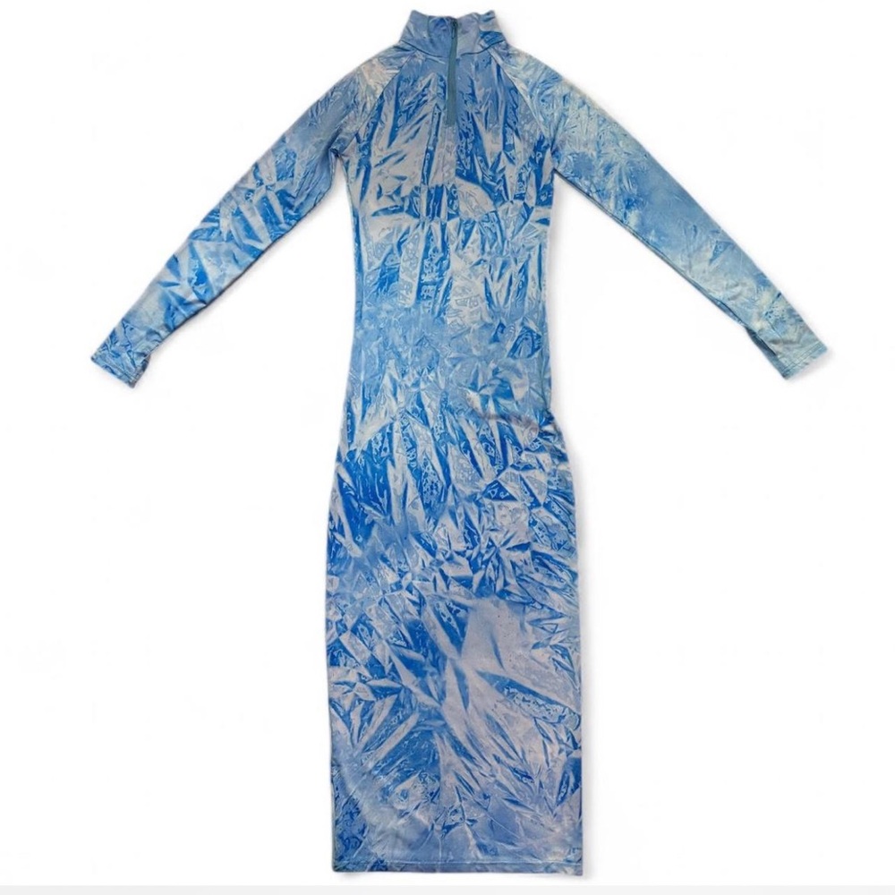 Sky Blue Mock Neck Zipper Long Sleeve Maxi Dress